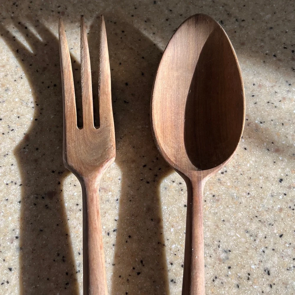 Vintage MCM Sterling Silver Salad Fork Spoon wood serving set